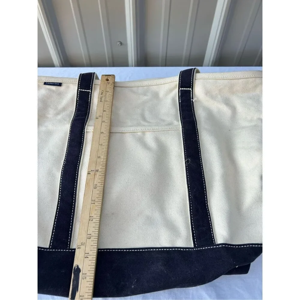 Lands End Boat tote cream canvas black straps 23